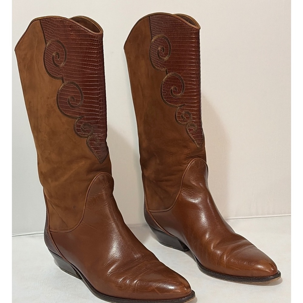 Via Spiga Brown Leather Suede Lizard Embossed Western Boots Italy Womens 7.5 B